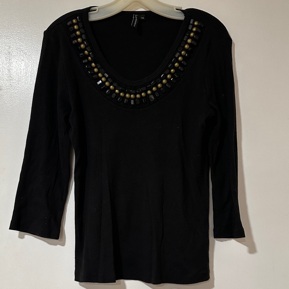 Cha Cha Vente Black Top with Beaded Neckline